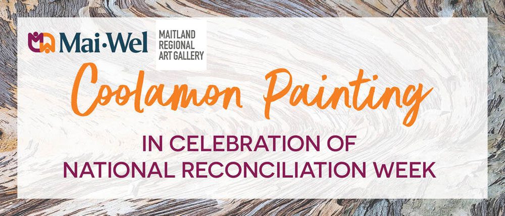 Banner with bark background and text: Coolamon Painting in celebration of National Reconciliation Week