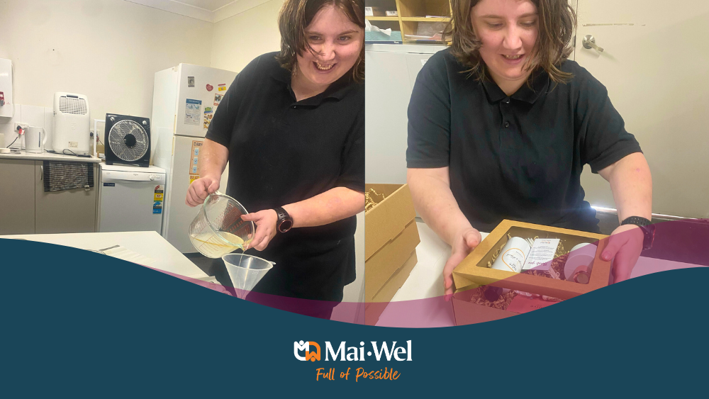 Participant building workplace skills by making and packaging candle orders.