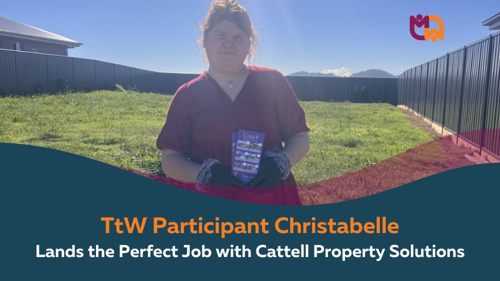 TtW participant Christabelle stands in a residential backyard holding a Cattell Property Solutions flyer, wearing a red dress and gloves. Text overlay reads "TtW Participant Christabelle Lands the Perfect Job with Cattell Property Solutions."