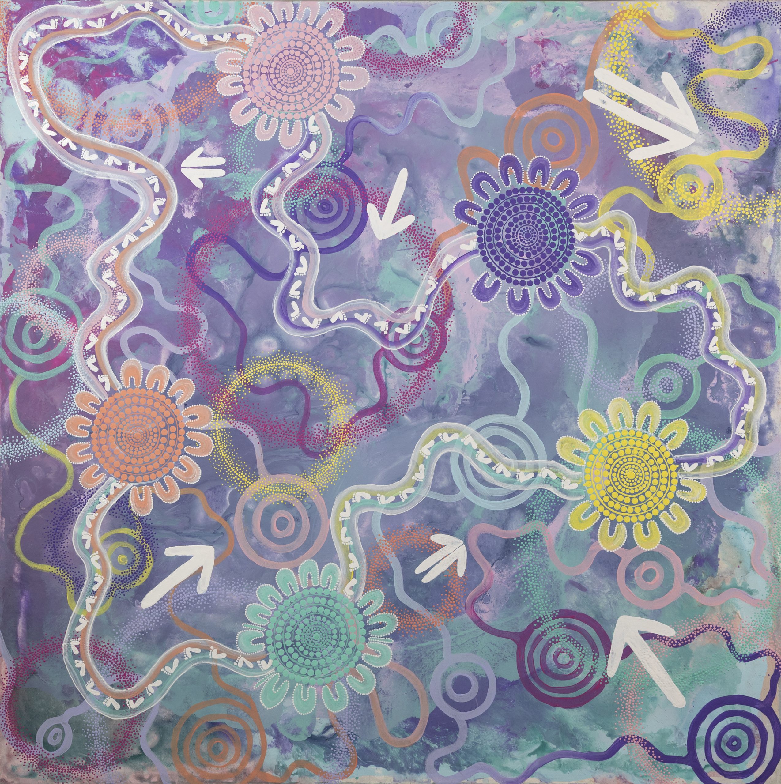 Build Artwork Colourful abstract artwork titled "Build" by Jess Sulter featuring purple, blue, and pastel tones with circular patterns, flowing curved paths, directional arrows, and decorative dot work.