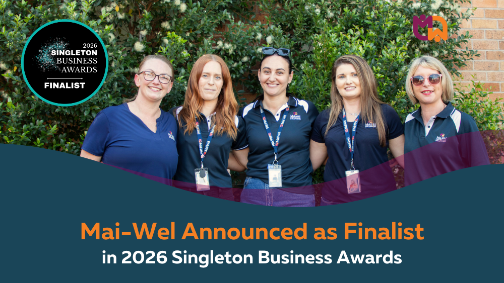 Five members of the Mai-Wel Singleton team smile together outdoors, with the 2026 Singleton Business Awards Finalist badge visible in the top left corner. Text overlay reads "Mai-Wel Announced as Finalist in 2026 Singleton Business Awards.