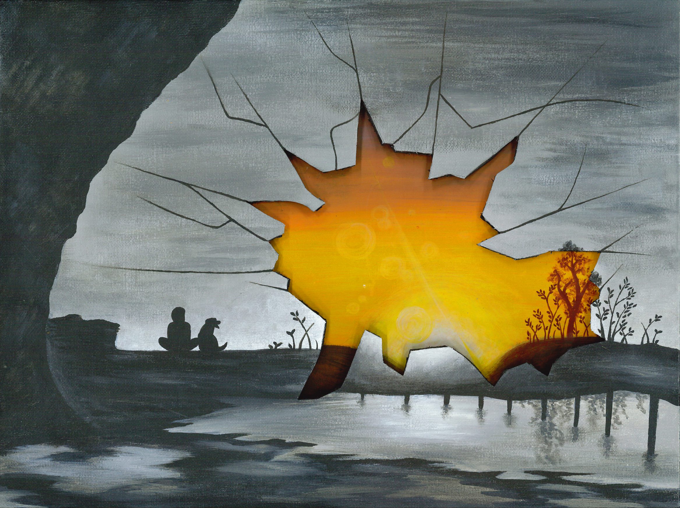 Scanned Art_Danica Manderson (3) Acrylic painting titled "Second Sight" by Danica Jacinta. A greyscale landscape is broken open by a jagged burst of warm golden and orange light, with two silhouetted figures seated together on the left, bare trees reflected in still water, and new plant growth emerging at the edges of the canvas.