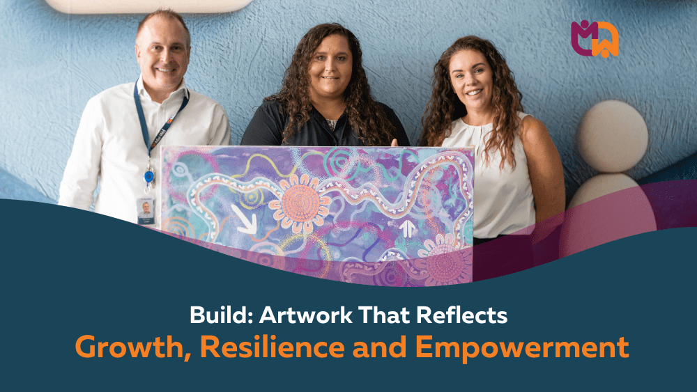 CEO John Cleary, artist Jess Sulter, and Business Development and Partnerships Specialist Louise Fernie holding the Build artwork. The image displays the title "Build: Artwork That Reflects Growth, Resilience and Empowerment" with the artwork featuring vibrant purple, blue, and pastel circular patterns, flowing curved paths, and directional arrows.