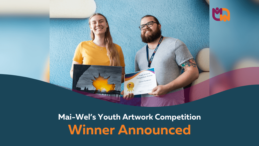 A branded Mai-Wel tile featuring Danica Jacinta holding her painting "Second Sight" alongside a Mai-Wel staff member holding her Youth Artwork Competition Winner certificate. Text overlay reads "Mai-Wel's Youth Artwork Competition Winner Announced" in white and orange on a navy background.