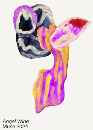 Abstract mixed media artwork by Briety titled Angel Wing, featuring a swirling dark navy and white marbled form beside a tall wing-like shape in bold purple, pink, yellow and orange stripes, with a red and white pointed tip.