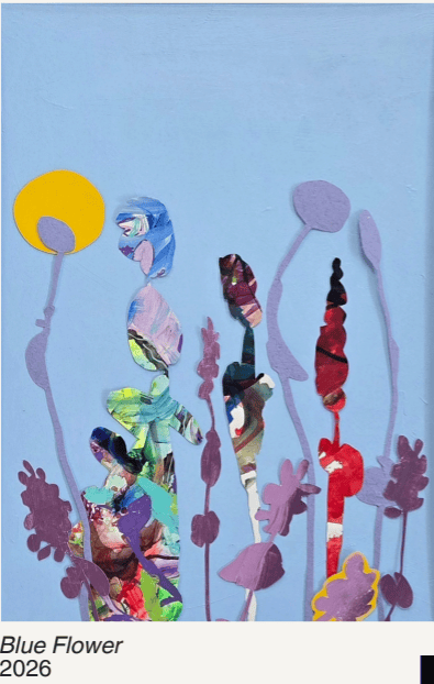 Mixed media collage painting by Briety titled Blue Flower, showing a row of tall abstract flower stems in purple, red, green and blue against a pale blue background, with a yellow circular sun shape in the top left corner.