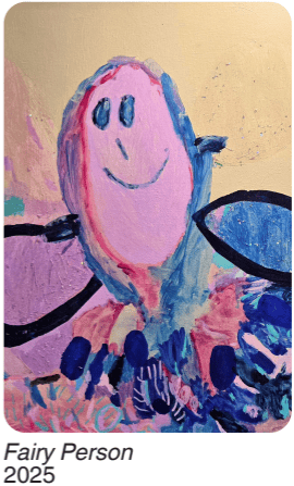 Acrylic painting by Briety titled Fairy Person, depicting a smiling pink and blue figure with a round face and dark wing-like shapes extending from the sides, painted on a gold background.