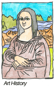 Coloured pencil drawing by Josh titled Art History, a reinterpretation of the Mona Lisa with warm autumn toned hair and a landscape background of hills and a lake.