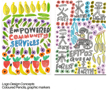 Two coloured pencil and marker logo concepts by Josh, one reading "Empowered Community Services" surrounded by fruit and vegetable illustrations, and the other featuring a grid of small icons including water, fire, light, sky and a wheelchair user, alongside characters.