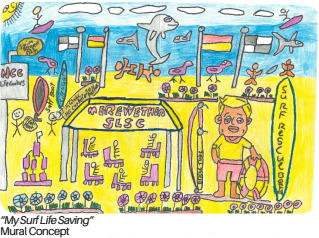 Coloured pencil mural concept by Josh titled My Surf Life Saving, depicting a beach scene with a surf lifesaving clubhouse, flags, a figure holding a rescue tube, dolphins and birds in a bright, colourful summer setting.